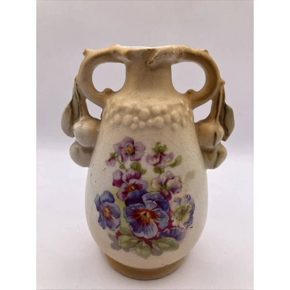 Antique Art Nouveau Porcelain Vase w Cherry Fruit Handles Austria Victorian 5.5